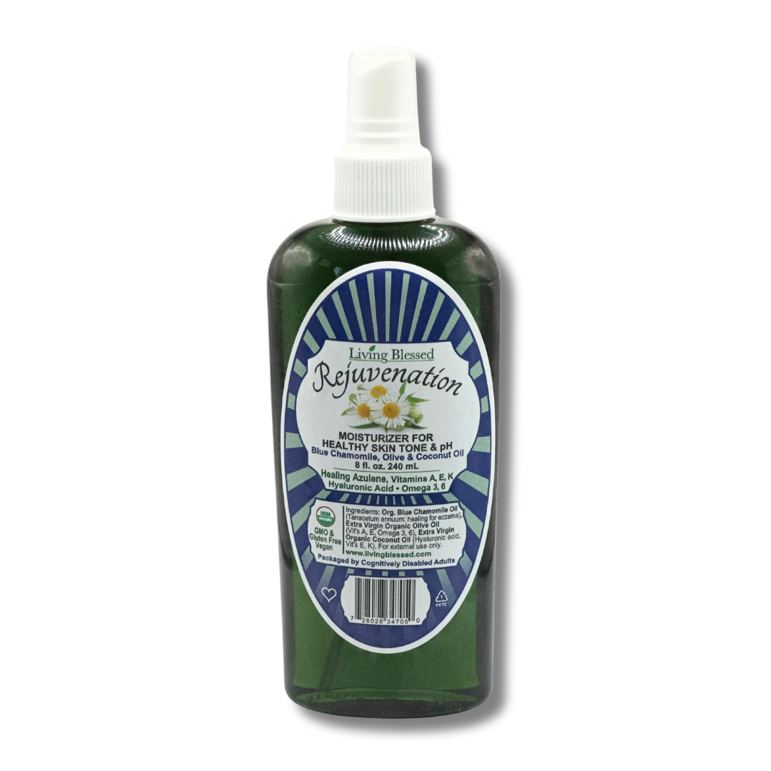 Rejuvenation Day Time Moisturizer Oil bottle with blue chamomile and cold-pressed botanical oils
